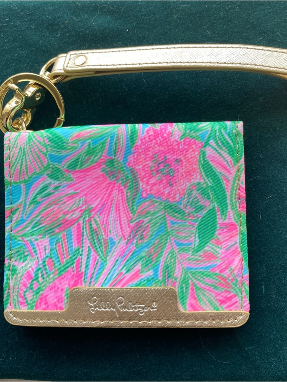 Lilly Pulitzer Pink Green Floral Wristlet Card Holder with Gold Trim